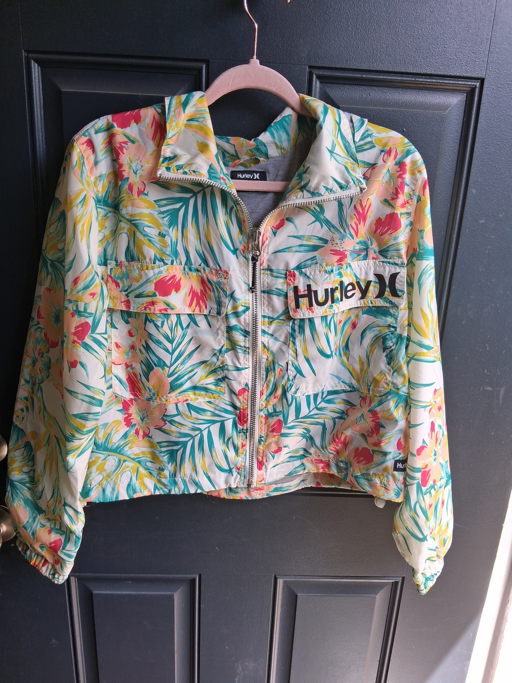 Hurley Tropical Floral Zip Utility Jacket in Cream, Teal & Pink